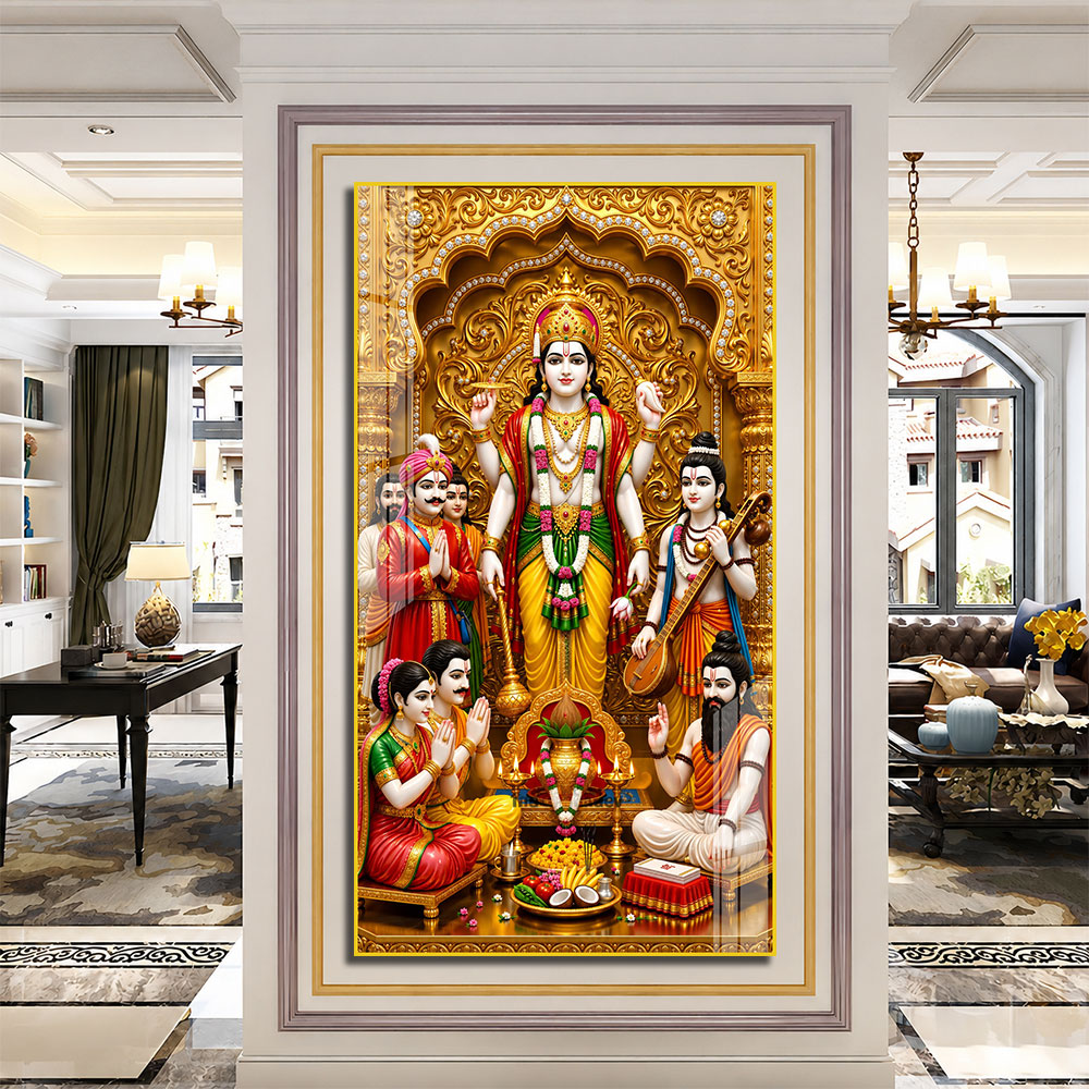Lord Vishnu Acrylic Wall Painting with Devotees and Traditional Pooja Setup