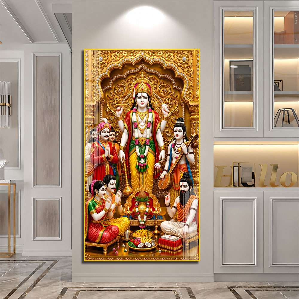Lord Vishnu Acrylic Wall Painting with Devotees and Traditional Pooja Setup