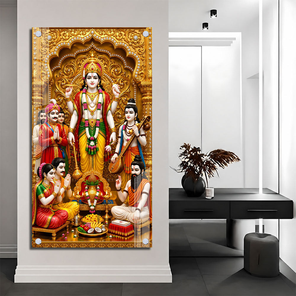 Lord Vishnu Acrylic Wall Painting with Devotees and Traditional Pooja Setup