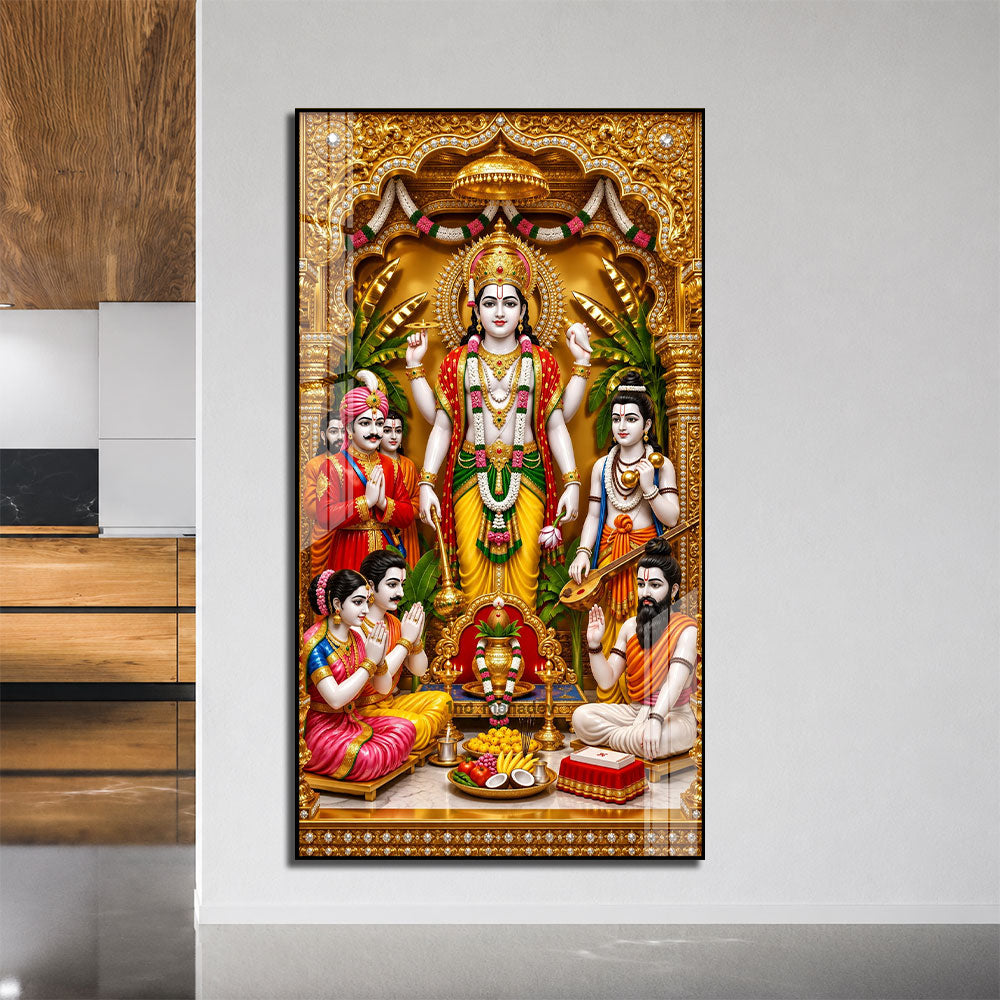 Traditional Lord Vishnu Devotional Acrylic Wall Painting with Devotees and Sacred Offerings