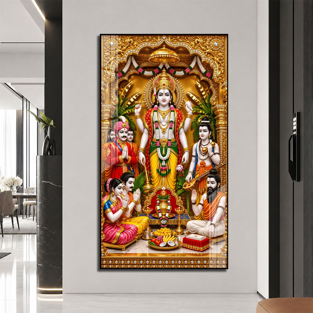 Traditional Lord Vishnu Devotional Acrylic Wall Painting with Devotees and Sacred Offerings