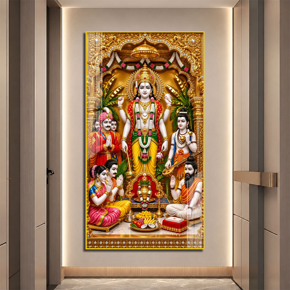 Traditional Lord Vishnu Devotional Acrylic Wall Painting with Devotees and Sacred Offerings