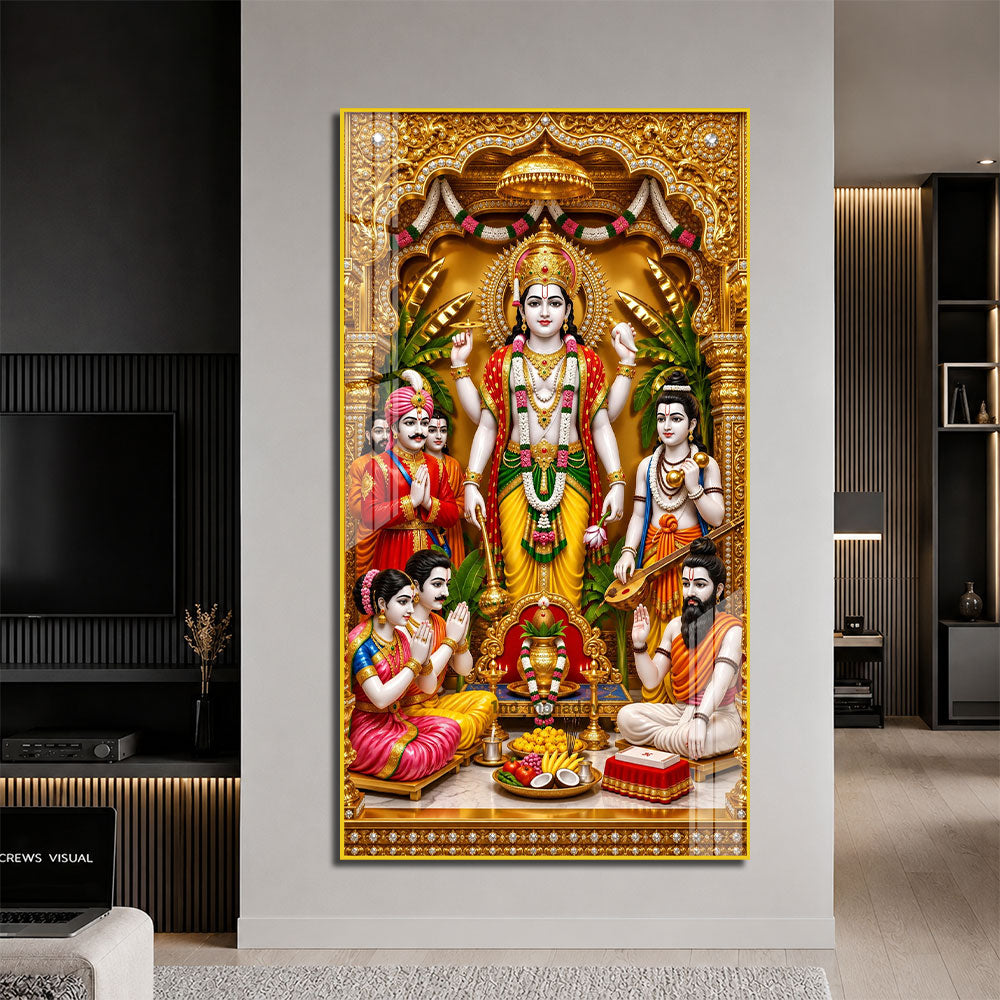 Traditional Lord Vishnu Devotional Acrylic Wall Painting with Devotees and Sacred Offerings