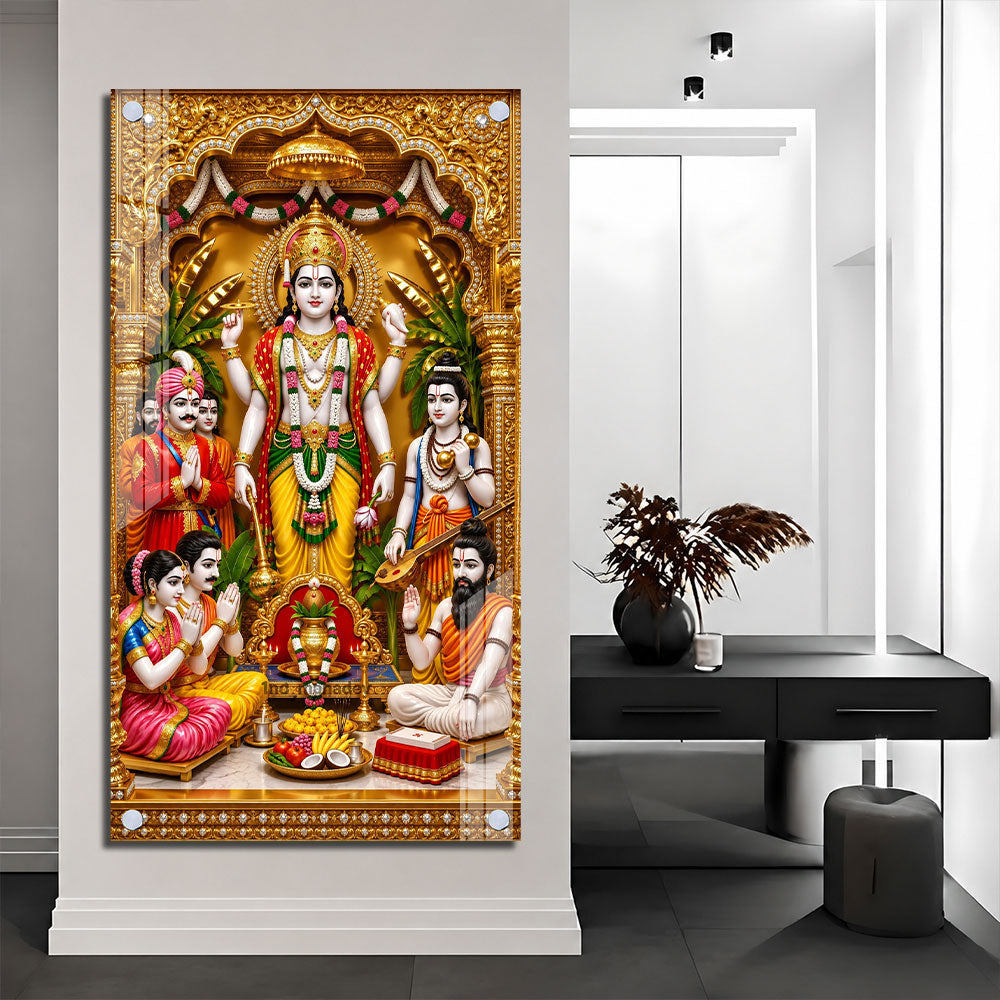 Traditional Lord Vishnu Devotional Acrylic Wall Painting with Devotees and Sacred Offerings