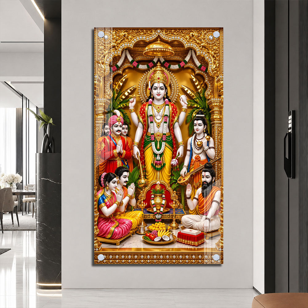 Traditional Lord Vishnu Devotional Acrylic Wall Painting with Devotees and Sacred Offerings