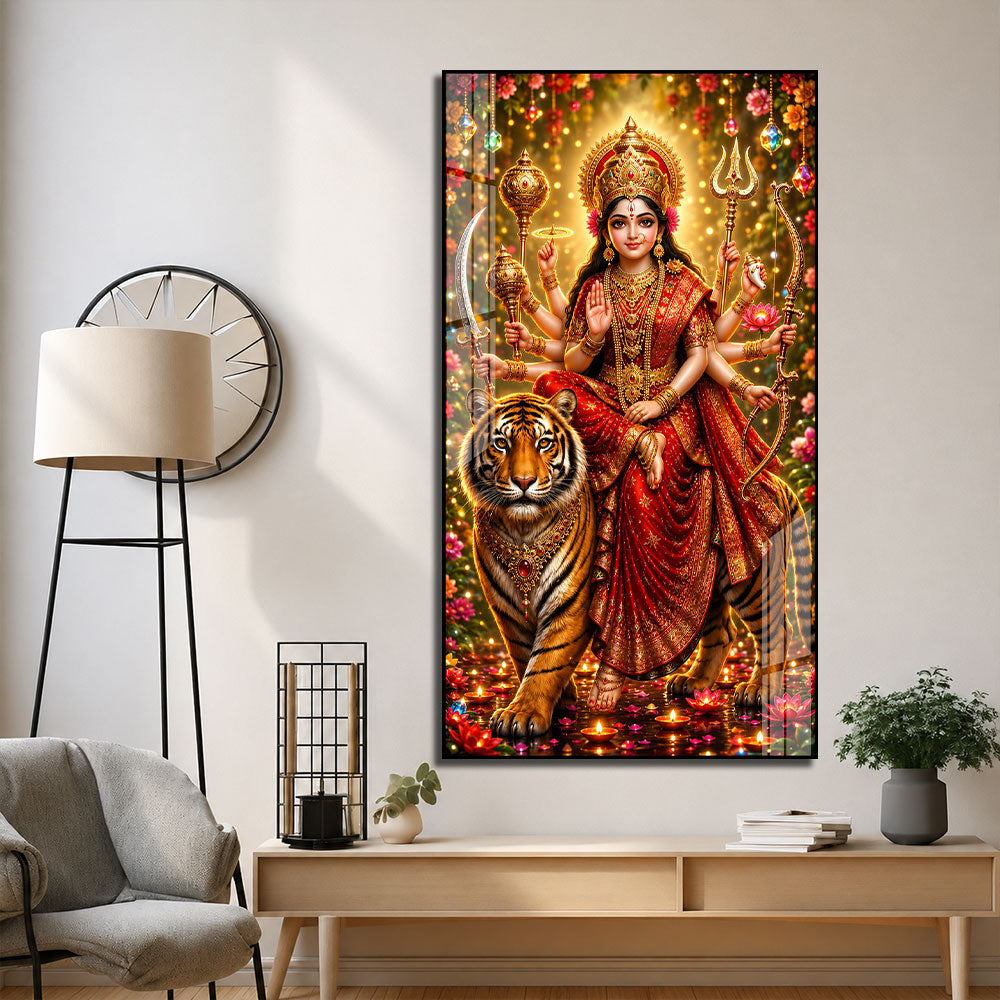 Divine Maa Sherawali on Tiger Premium Acrylic Wall Painting for Pooja Room