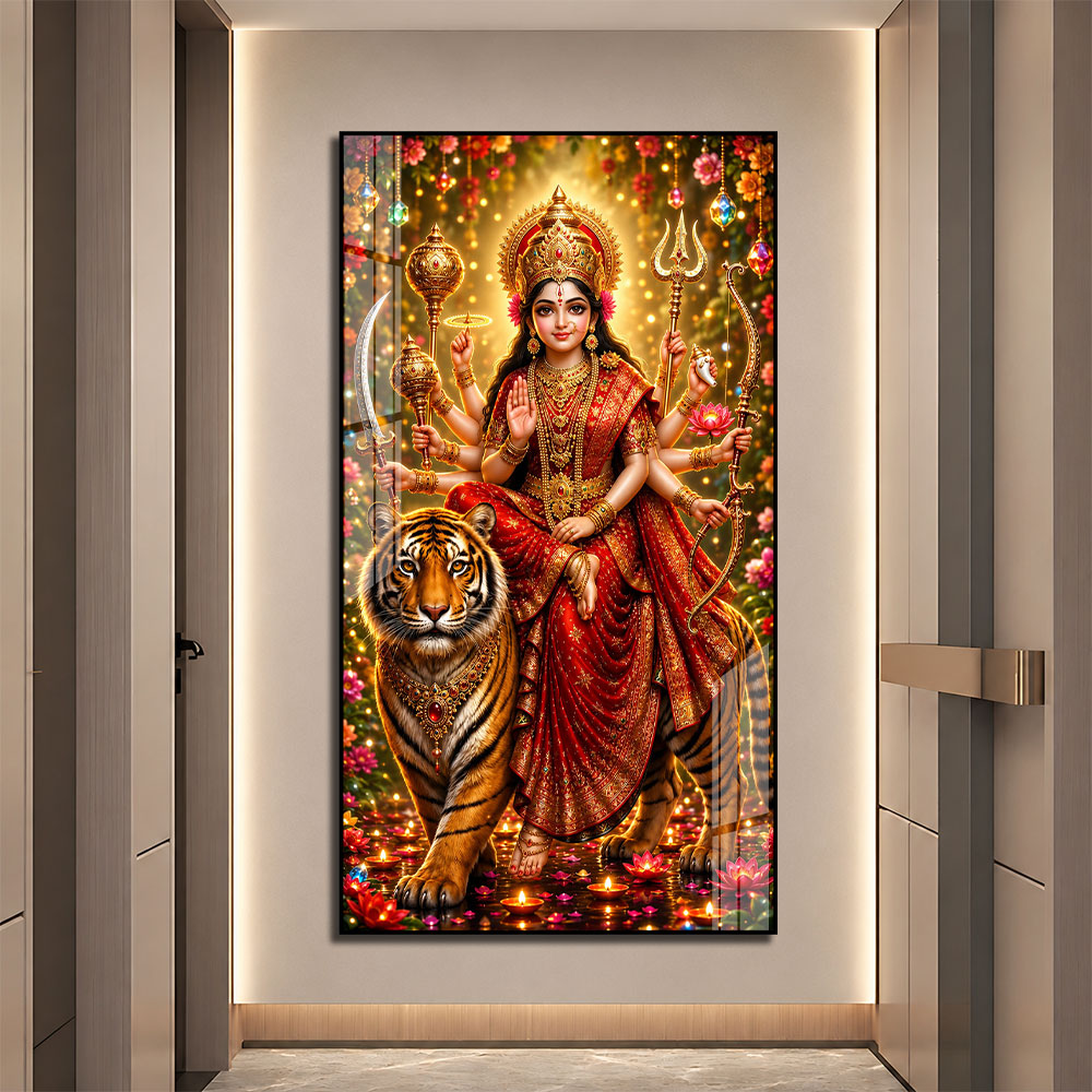 Divine Maa Sherawali on Tiger Premium Acrylic Wall Painting for Pooja Room