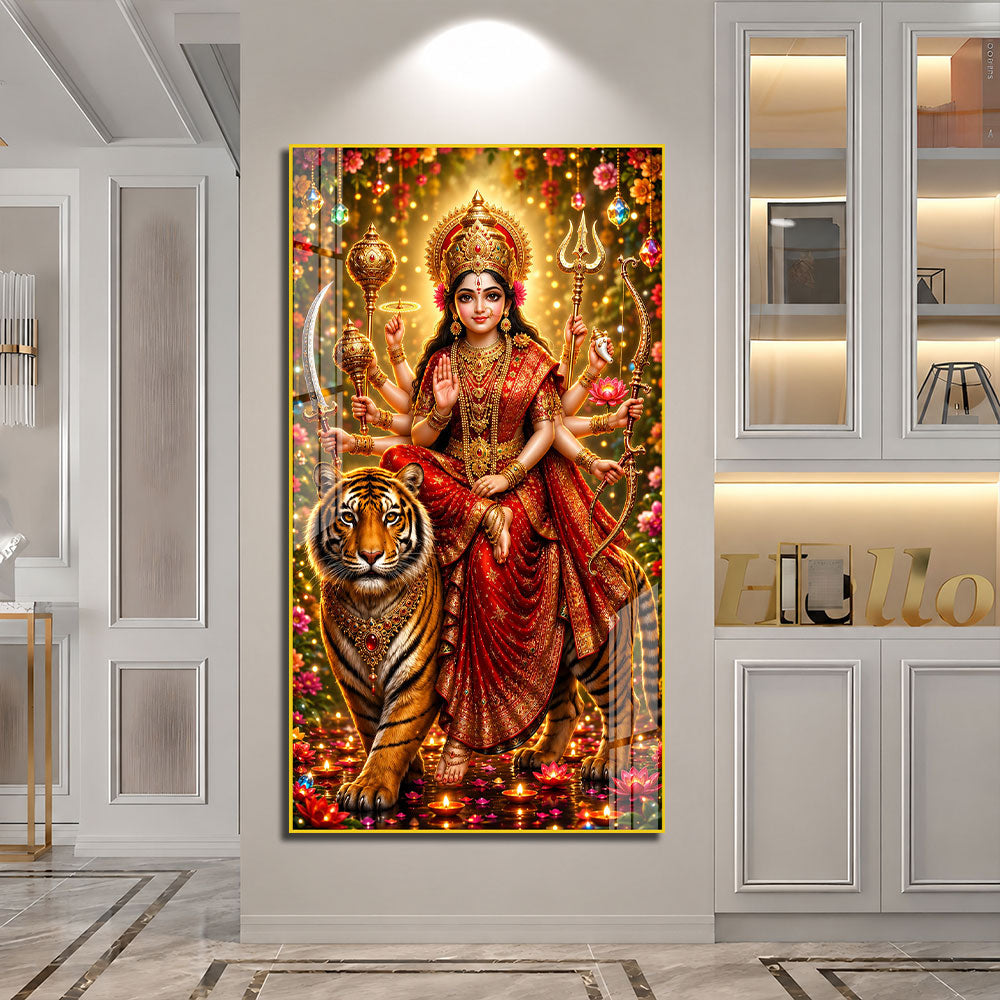Divine Maa Sherawali on Tiger Premium Acrylic Wall Painting for Pooja Room