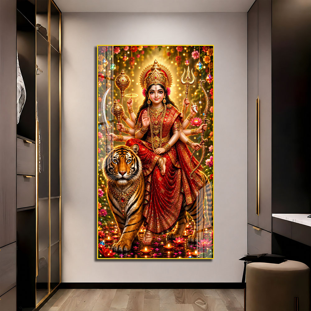 Divine Maa Sherawali on Tiger Premium Acrylic Wall Painting for Pooja Room