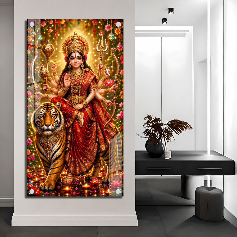 Divine Maa Sherawali on Tiger Premium Acrylic Wall Painting for Pooja Room
