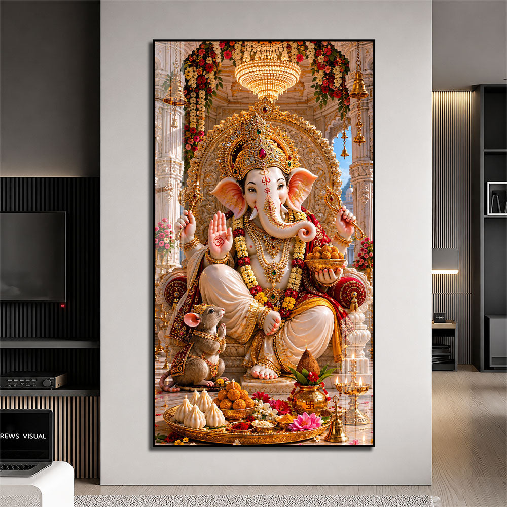 Shree Ganpati Ji Temple Theme Premium Acrylic Wall Painting for Home Decor