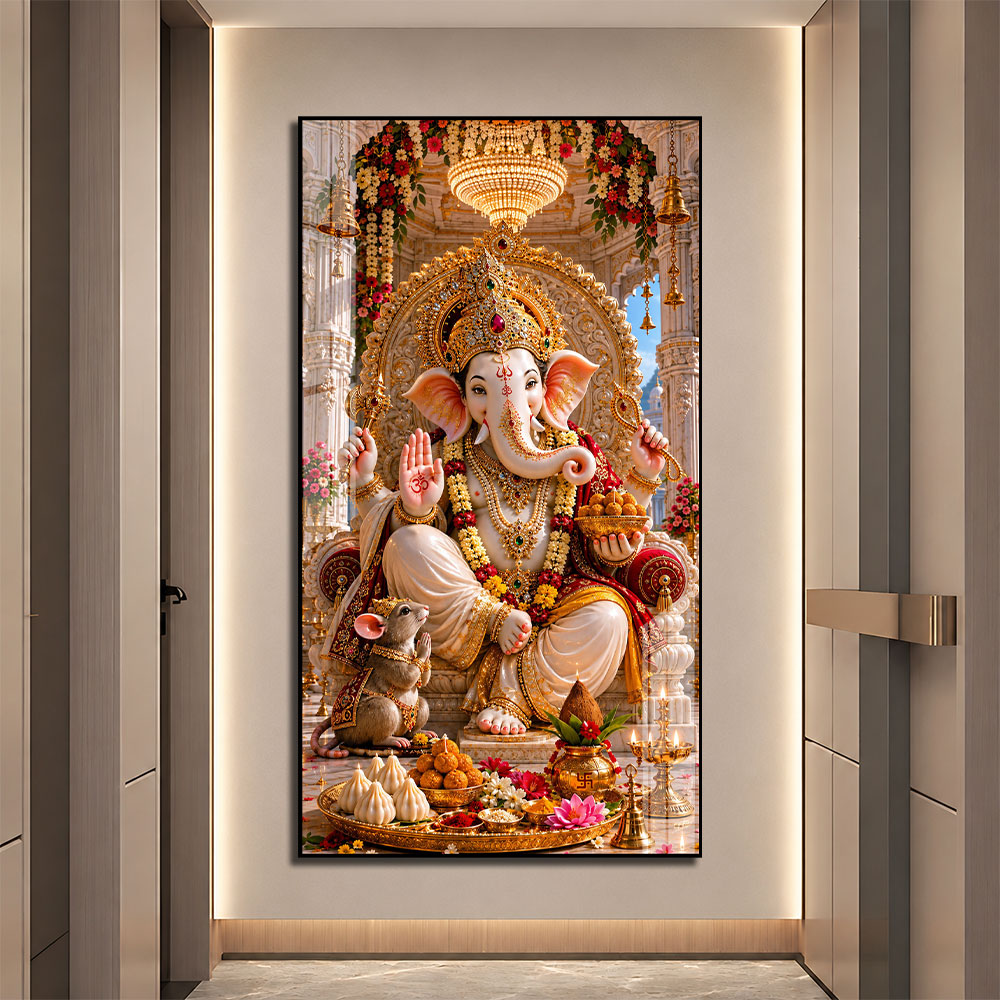 Shree Ganpati Ji Temple Theme Premium Acrylic Wall Painting for Home Decor