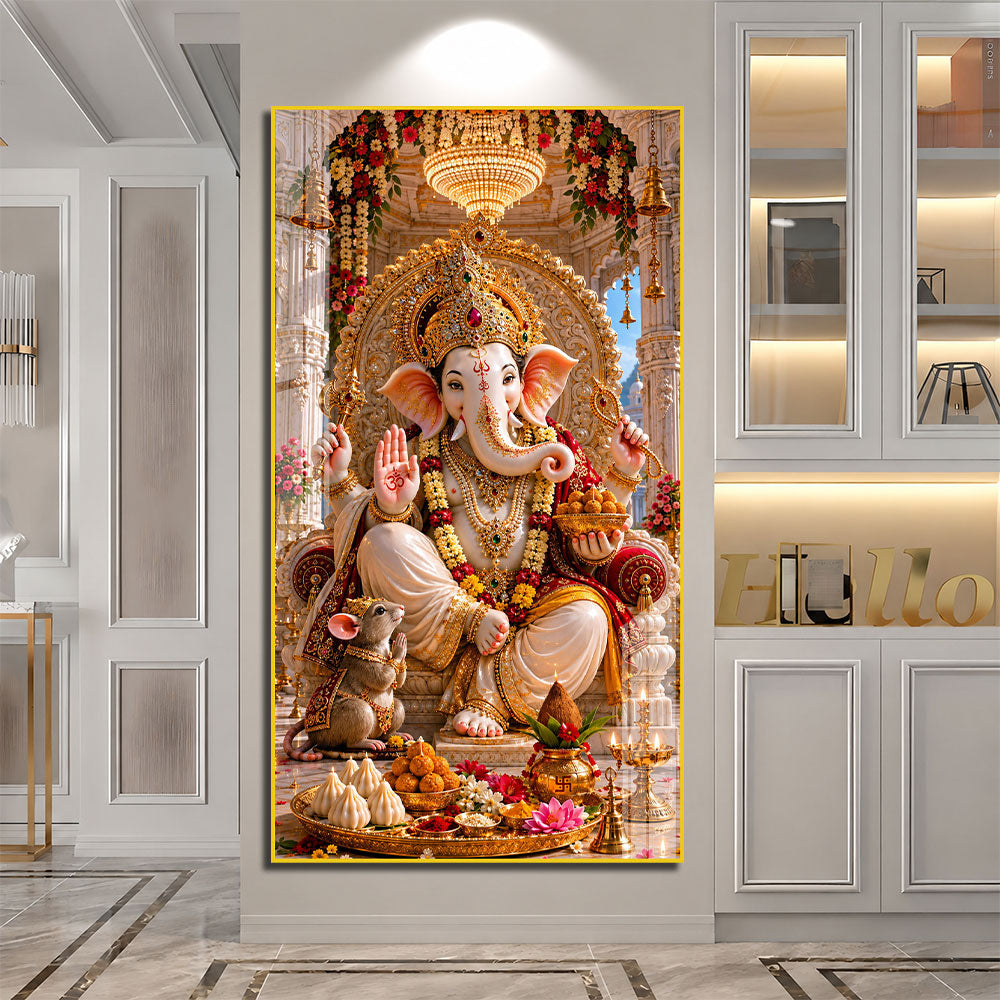 Shree Ganpati Ji Temple Theme Premium Acrylic Wall Painting for Home Decor