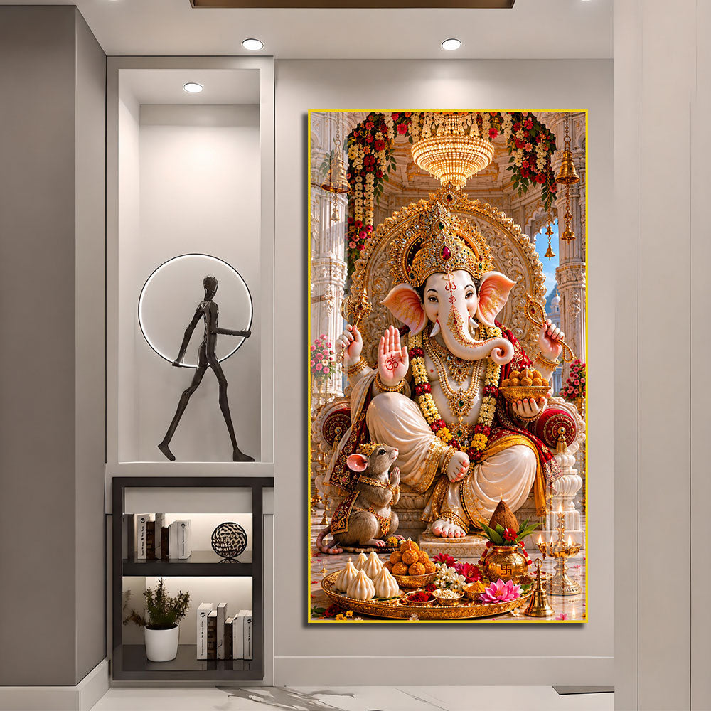 Shree Ganpati Ji Temple Theme Premium Acrylic Wall Painting for Home Decor