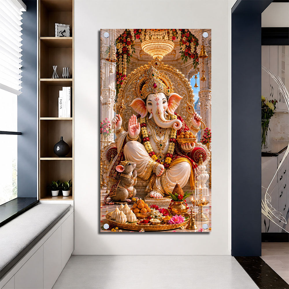 Shree Ganpati Ji Temple Theme Premium Acrylic Wall Painting for Home Decor