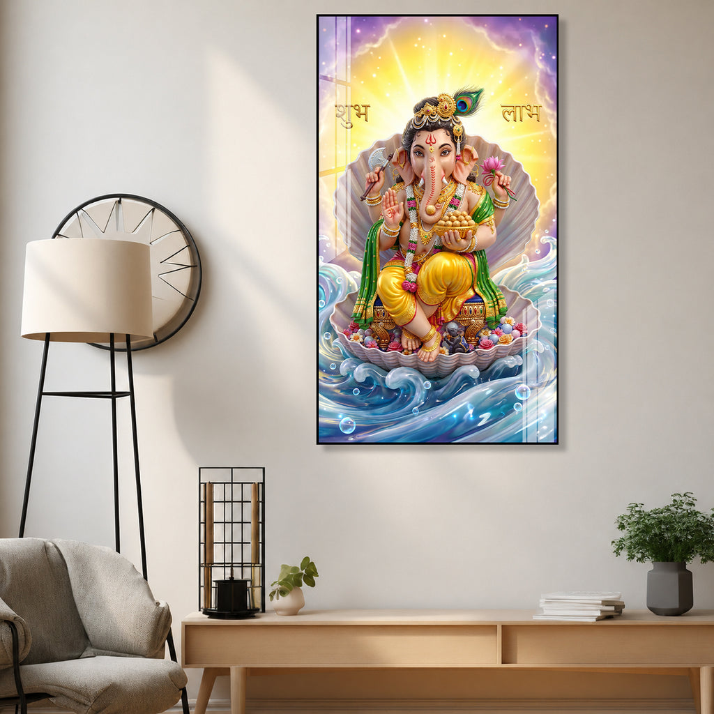 Luxury Ganpati Bappa Acrylic Painting with Ocean Waves for Home Wall Decoration