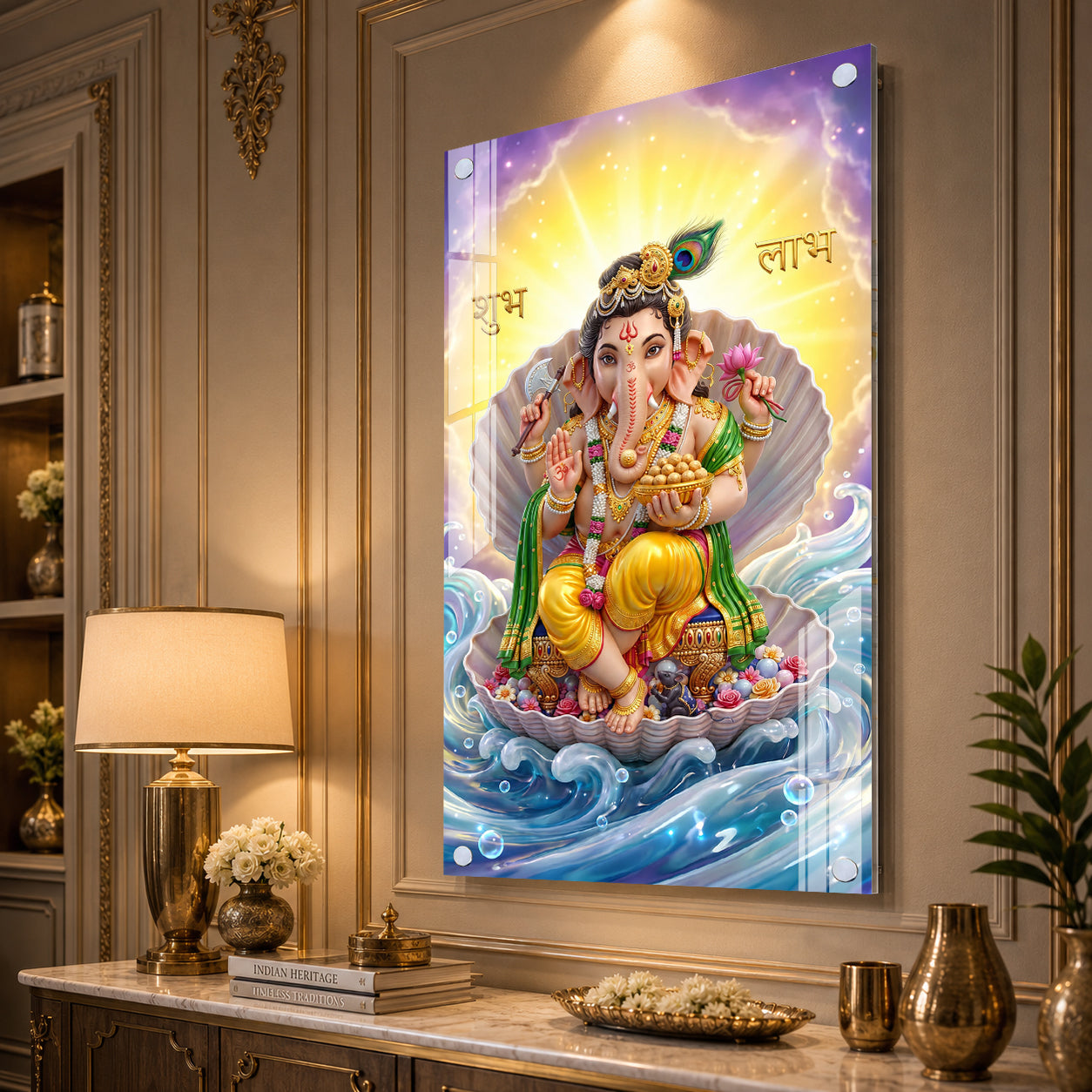 Luxury Ganpati Bappa Acrylic Painting with Ocean Waves for Home Wall Decoration