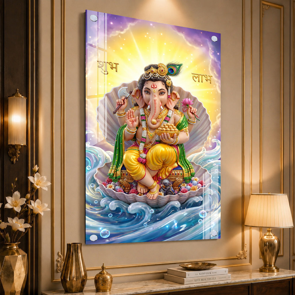 Luxury Ganpati Bappa Acrylic Painting with Ocean Waves for Home Wall Decoration