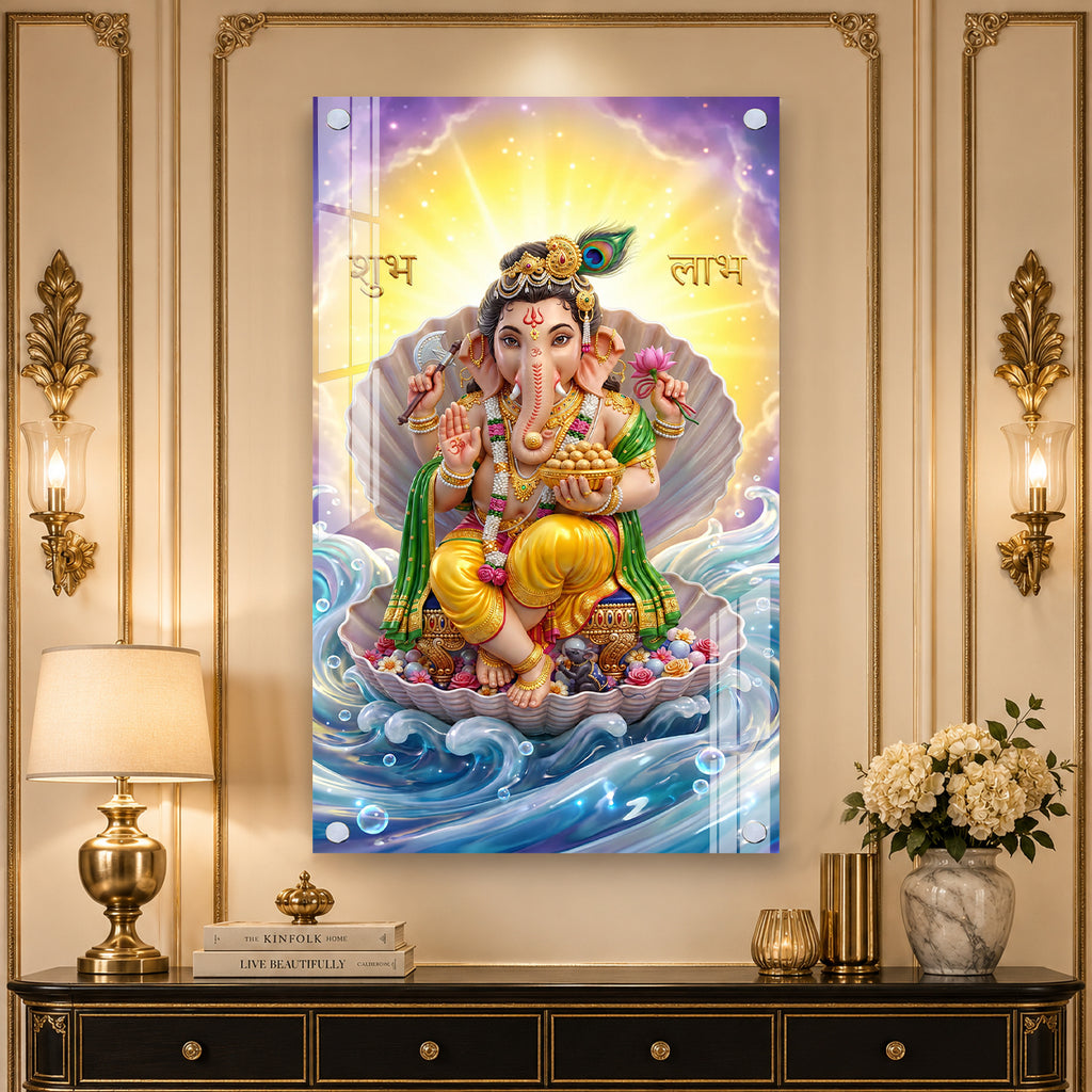 Luxury Ganpati Bappa Acrylic Painting with Ocean Waves for Home Wall Decoration