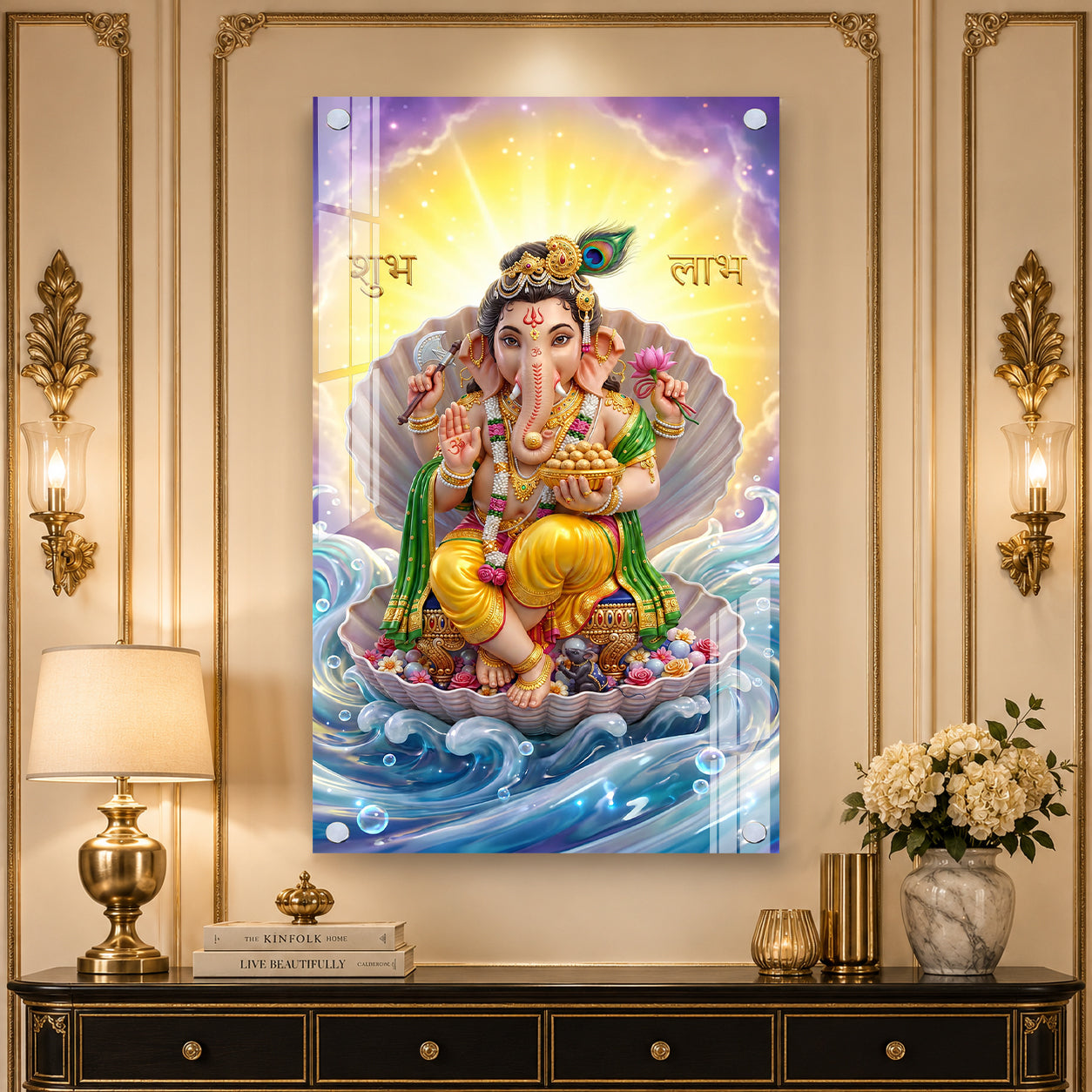 Luxury Ganpati Bappa Acrylic Painting with Ocean Waves for Home Wall Decoration