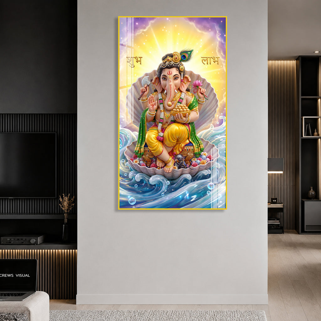 Luxury Ganpati Bappa Acrylic Painting with Ocean Waves for Home Wall Decoration