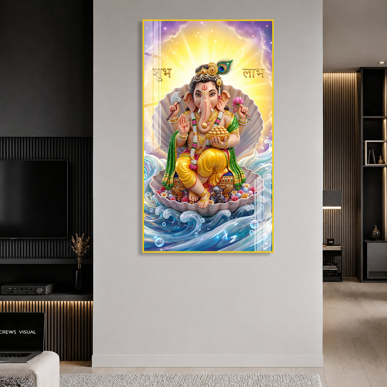 Luxury Ganpati Bappa Acrylic Painting with Ocean Waves for Home Wall Decoration