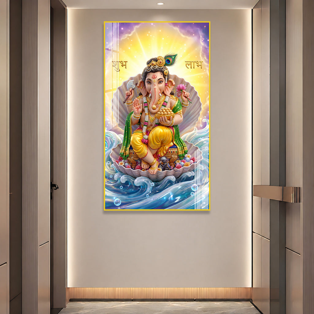 Luxury Ganpati Bappa Acrylic Painting with Ocean Waves for Home Wall Decoration