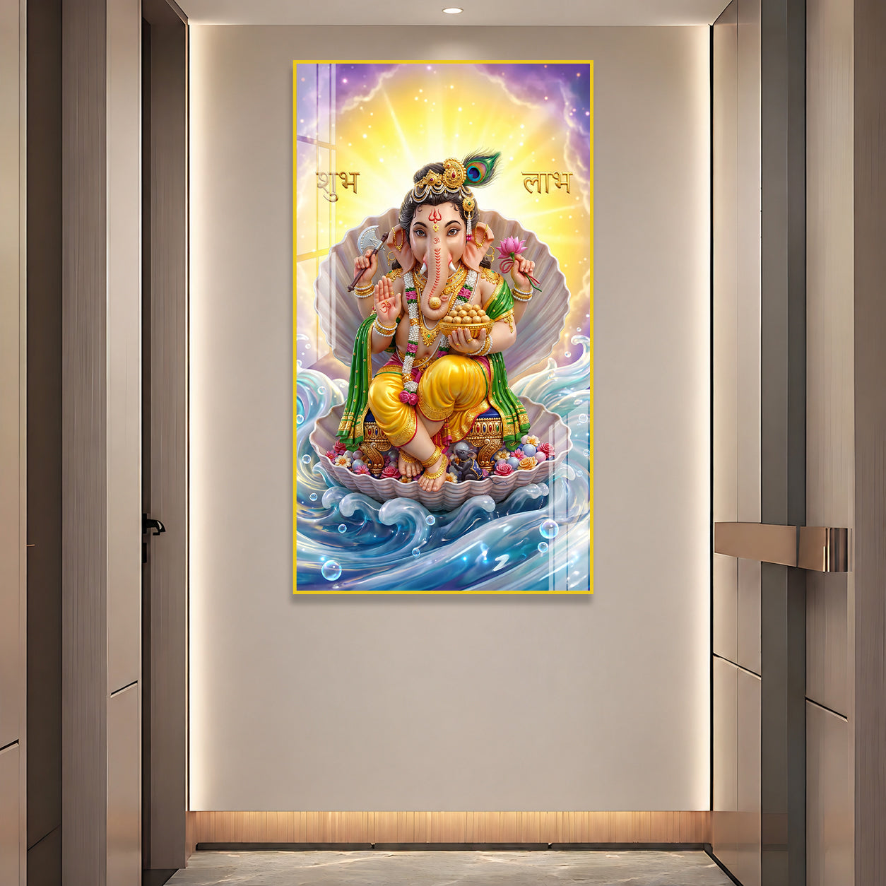 Luxury Ganpati Bappa Acrylic Painting with Ocean Waves for Home Wall Decoration