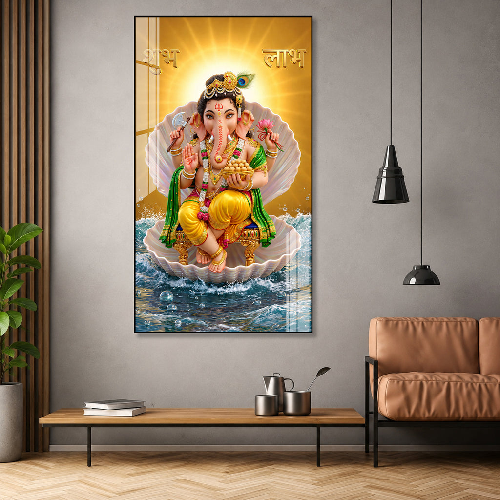 Elegant Ganesh Ji Acrylic Wall Painting with Shubh Labh and Ocean Waves