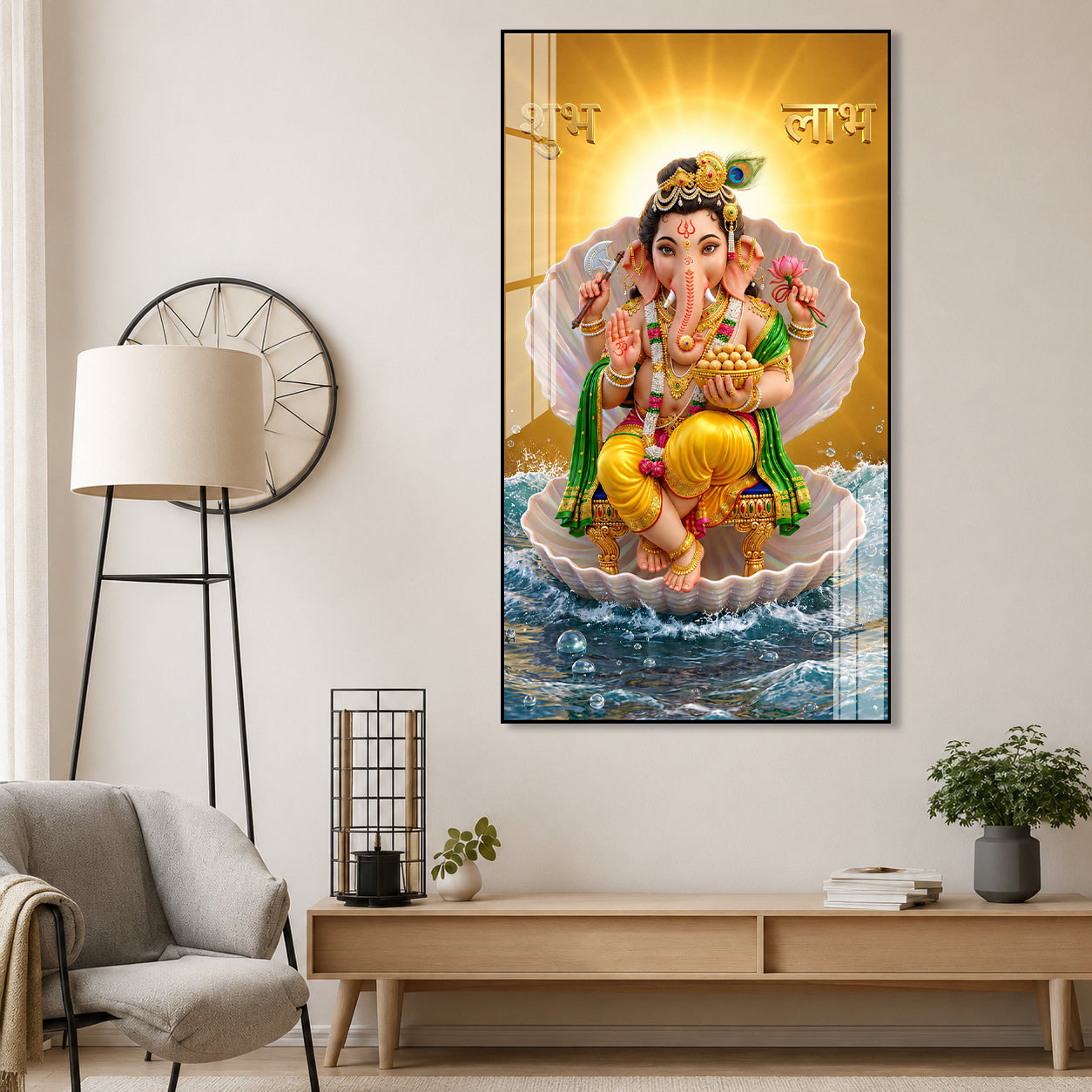 Elegant Ganesh Ji Acrylic Wall Painting with Shubh Labh and Ocean Waves