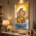 Elegant Ganesh Ji Acrylic Wall Painting with Shubh Labh and Ocean Waves