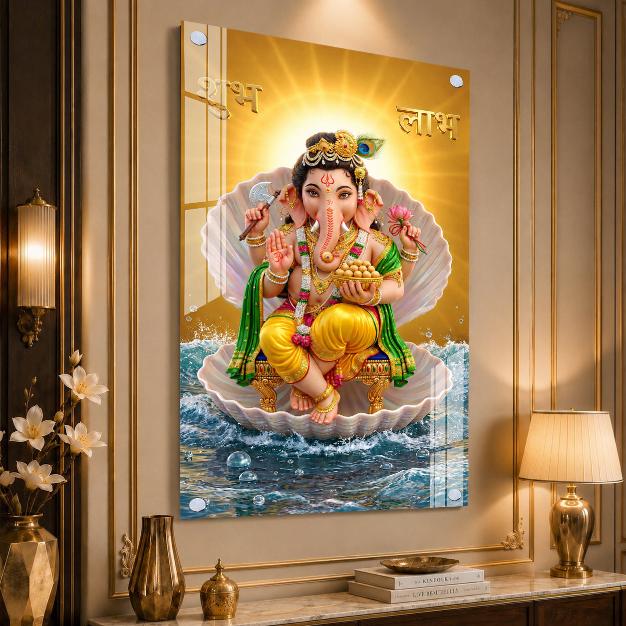 Elegant Ganesh Ji Acrylic Wall Painting with Shubh Labh and Ocean Waves