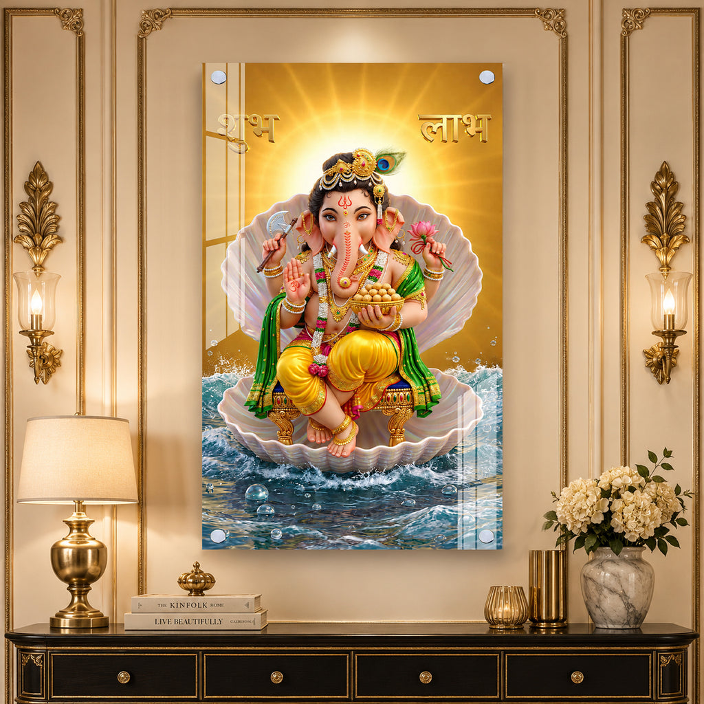 Elegant Ganesh Ji Acrylic Wall Painting with Shubh Labh and Ocean Waves