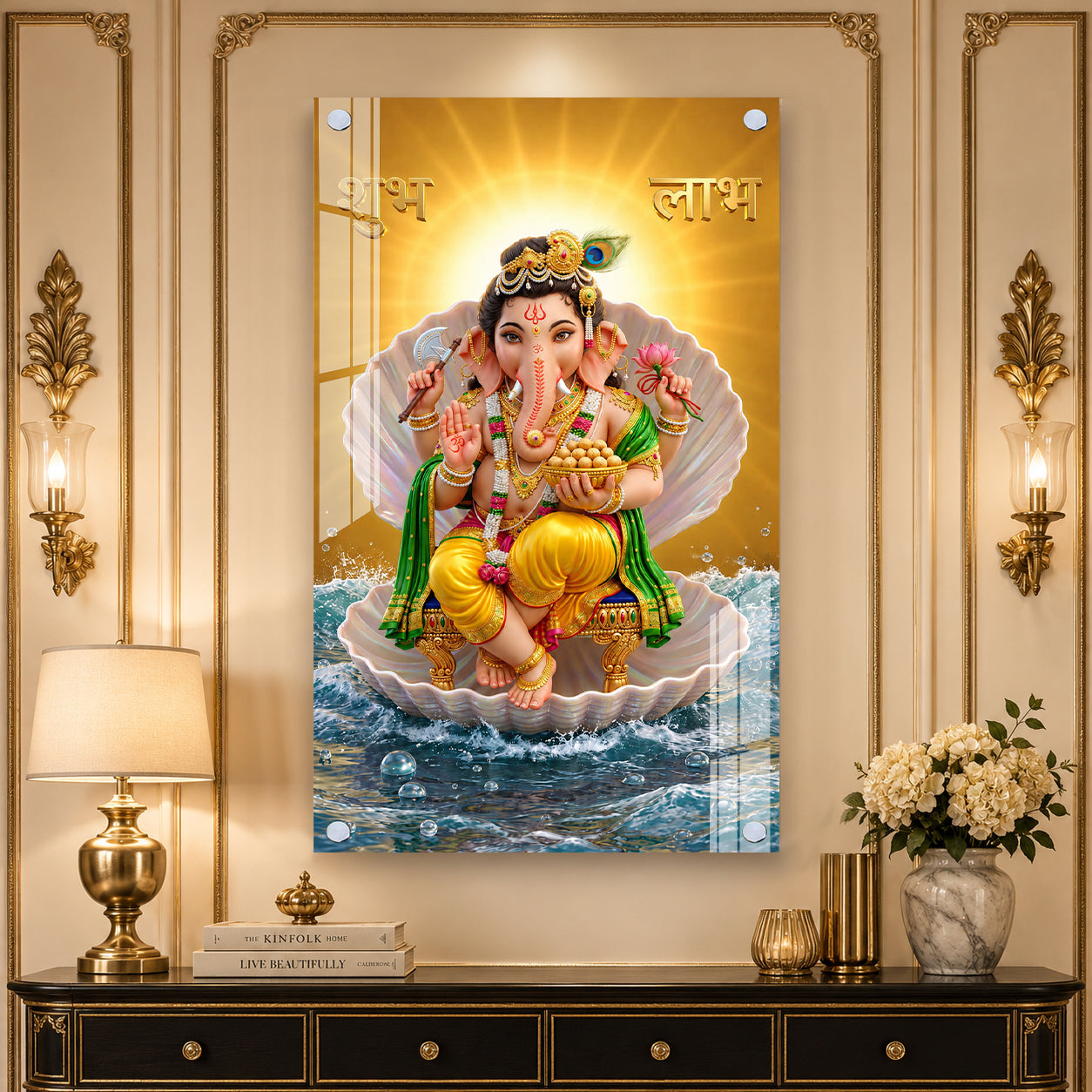 Elegant Ganesh Ji Acrylic Wall Painting with Shubh Labh and Ocean Waves
