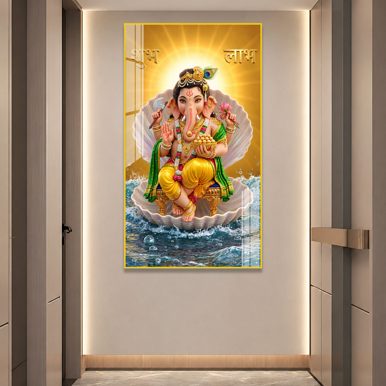 Elegant Ganesh Ji Acrylic Wall Painting with Shubh Labh and Ocean Waves
