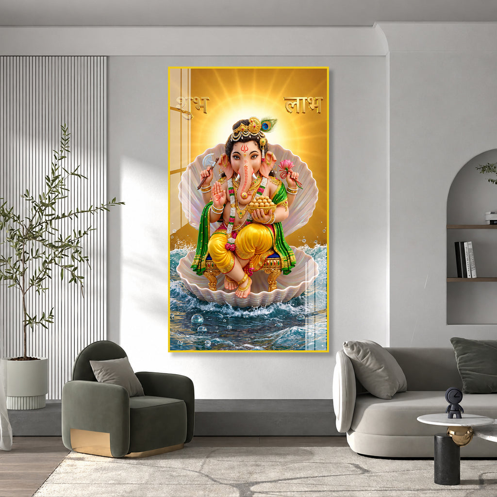 Elegant Ganesh Ji Acrylic Wall Painting with Shubh Labh and Ocean Waves
