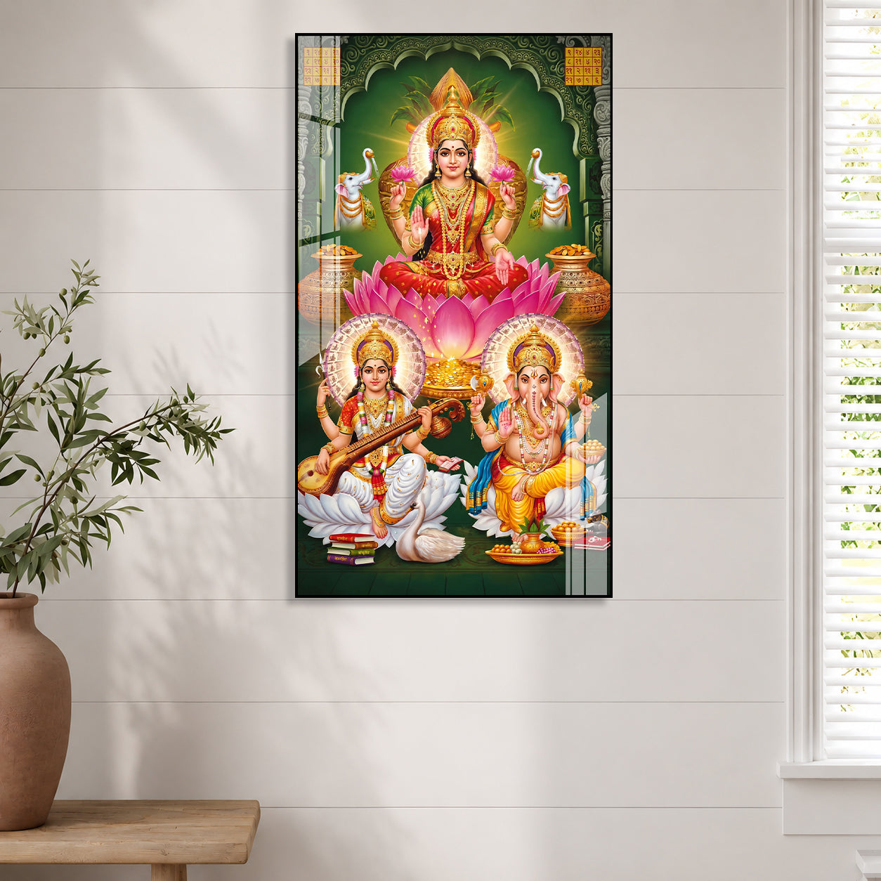 Auspicious Lakshmi Ganesh Saraswati Acrylic Wall Painting for Entrance and Pooja Room