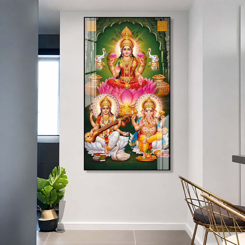 Auspicious Lakshmi Ganesh Saraswati Acrylic Wall Painting for Entrance and Pooja Room
