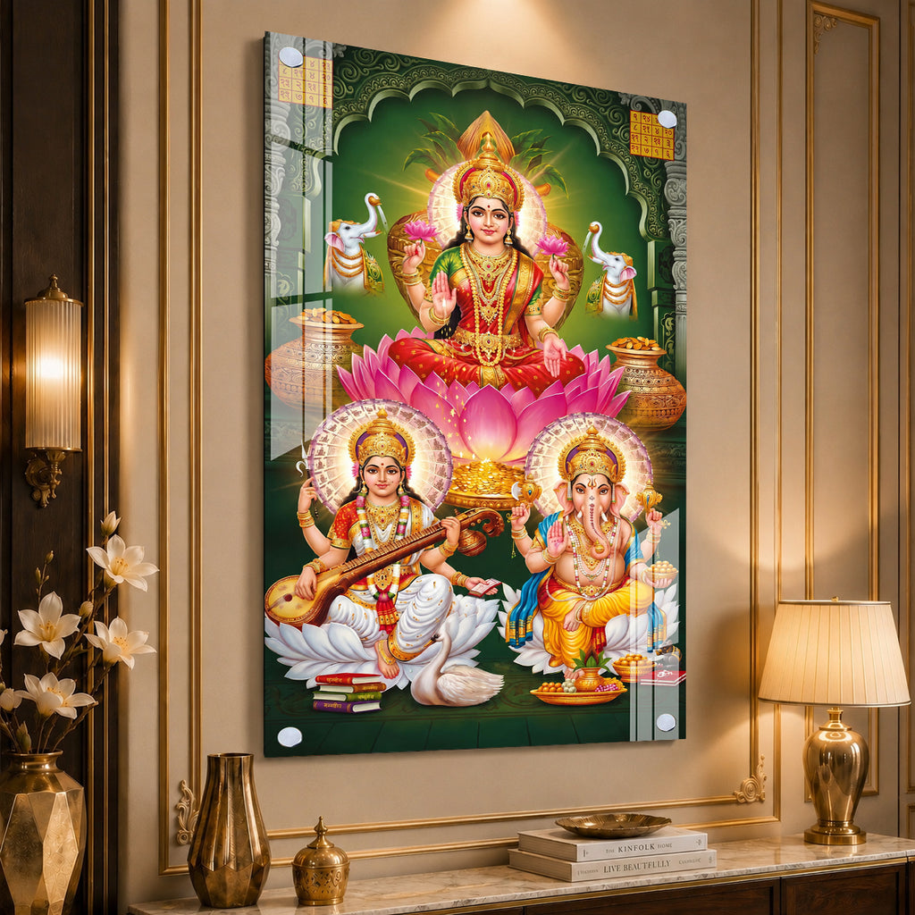 Auspicious Lakshmi Ganesh Saraswati Acrylic Wall Painting for Entrance and Pooja Room