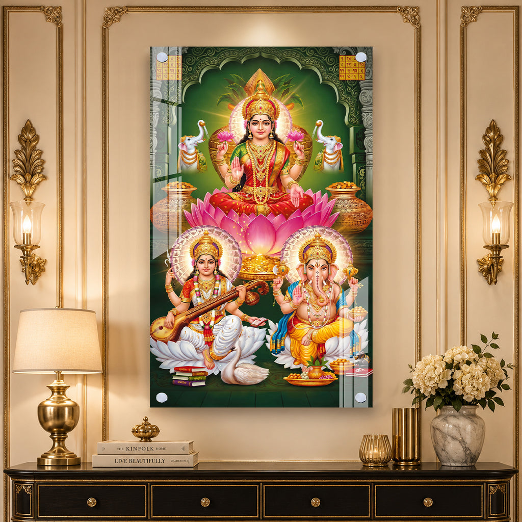 Auspicious Lakshmi Ganesh Saraswati Acrylic Wall Painting for Entrance and Pooja Room
