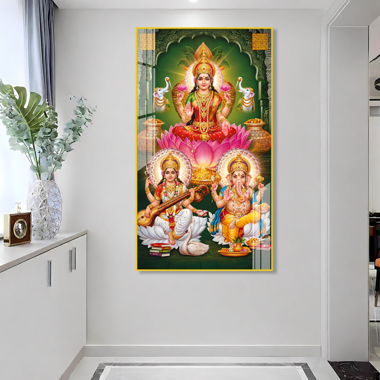Auspicious Lakshmi Ganesh Saraswati Acrylic Wall Painting for Entrance and Pooja Room