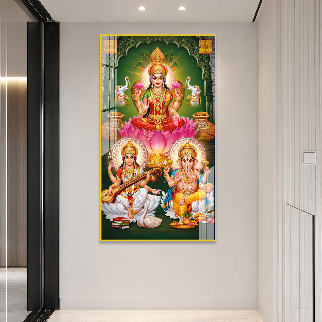 Auspicious Lakshmi Ganesh Saraswati Acrylic Wall Painting for Entrance and Pooja Room