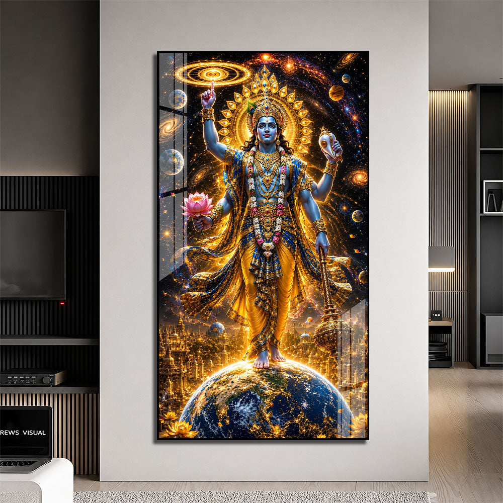 Lord Narayan Standing Above Earth Premium Acrylic Wall Painting for Home Decor