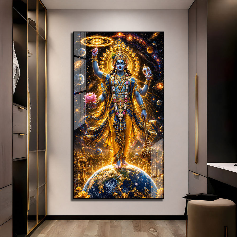 Lord Narayan Standing Above Earth Premium Acrylic Wall Painting for Home Decor