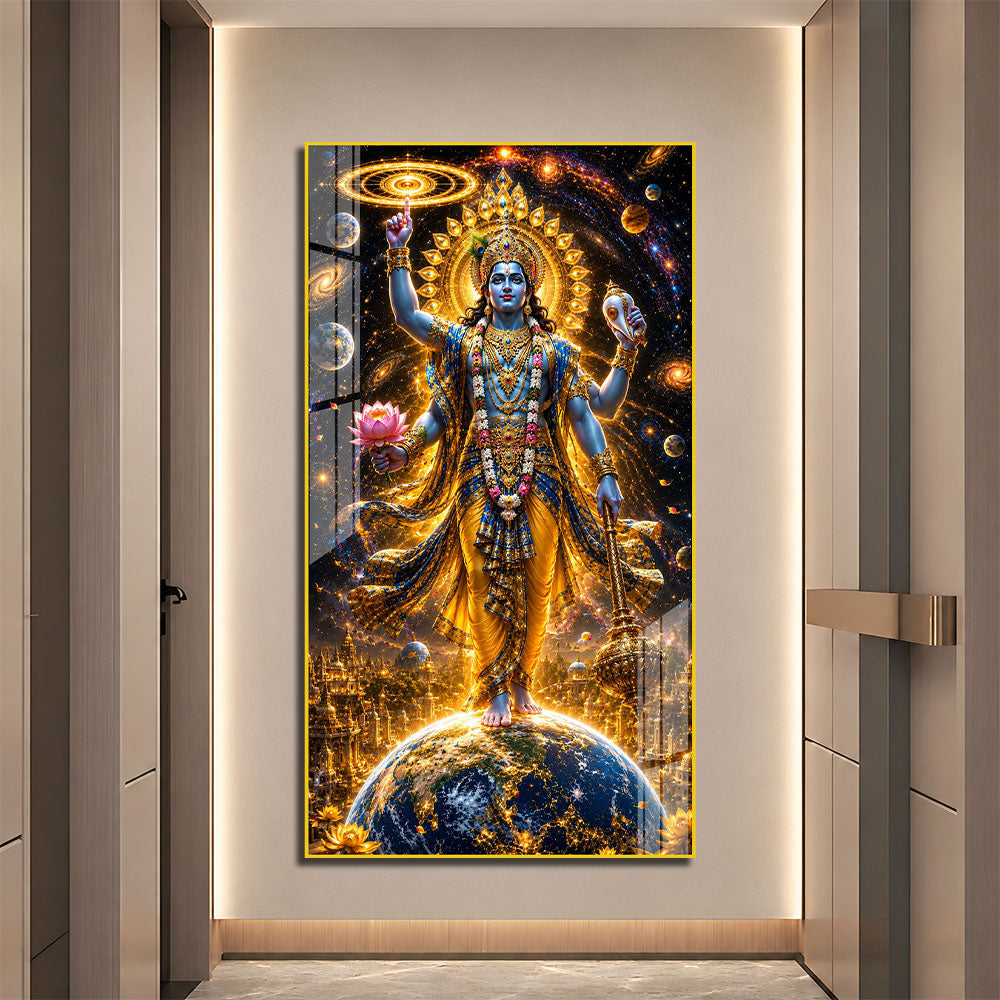 Lord Narayan Standing Above Earth Premium Acrylic Wall Painting for Home Decor
