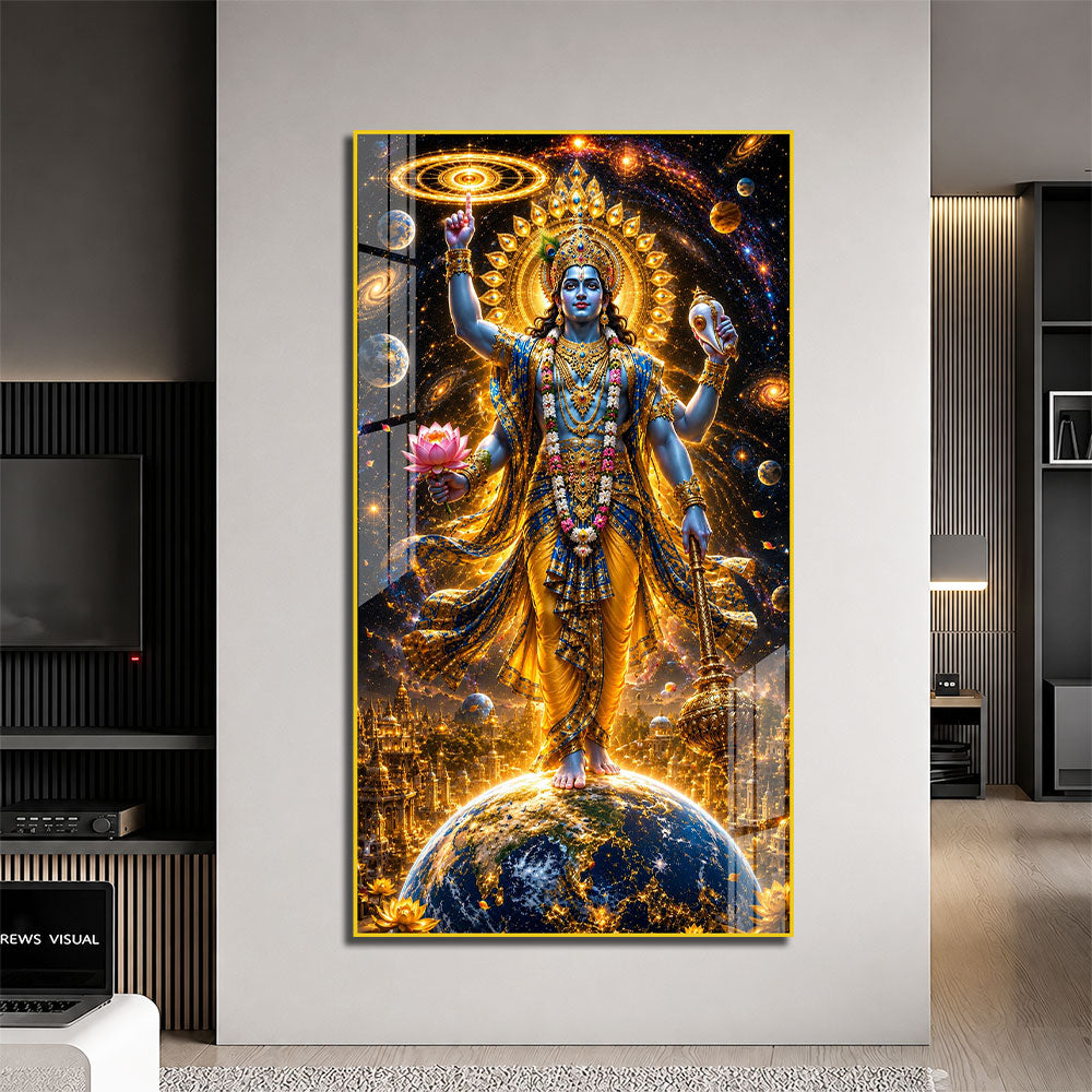 Lord Narayan Standing Above Earth Premium Acrylic Wall Painting for Home Decor