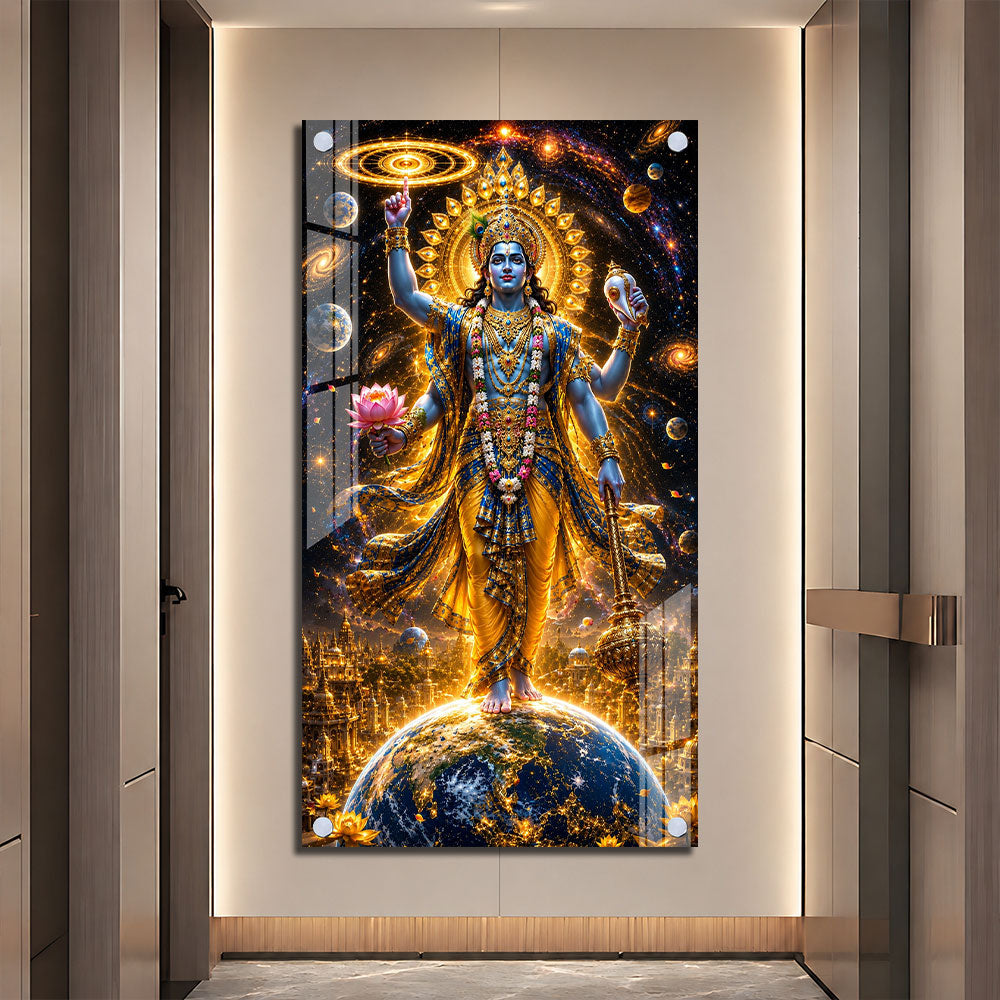 Lord Narayan Standing Above Earth Premium Acrylic Wall Painting for Home Decor