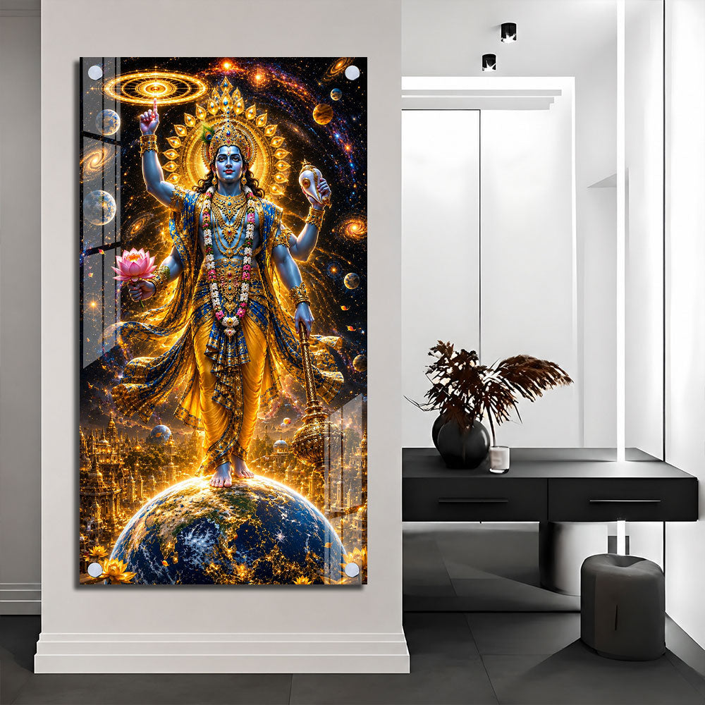 Lord Narayan Standing Above Earth Premium Acrylic Wall Painting for Home Decor