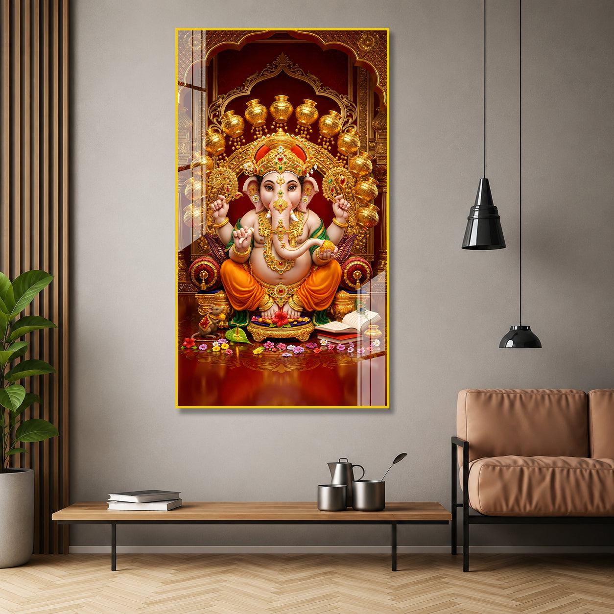Premium Acrylic Painting of Lord Ganesha with Golden Kalash | Spiritual Wall Artwork