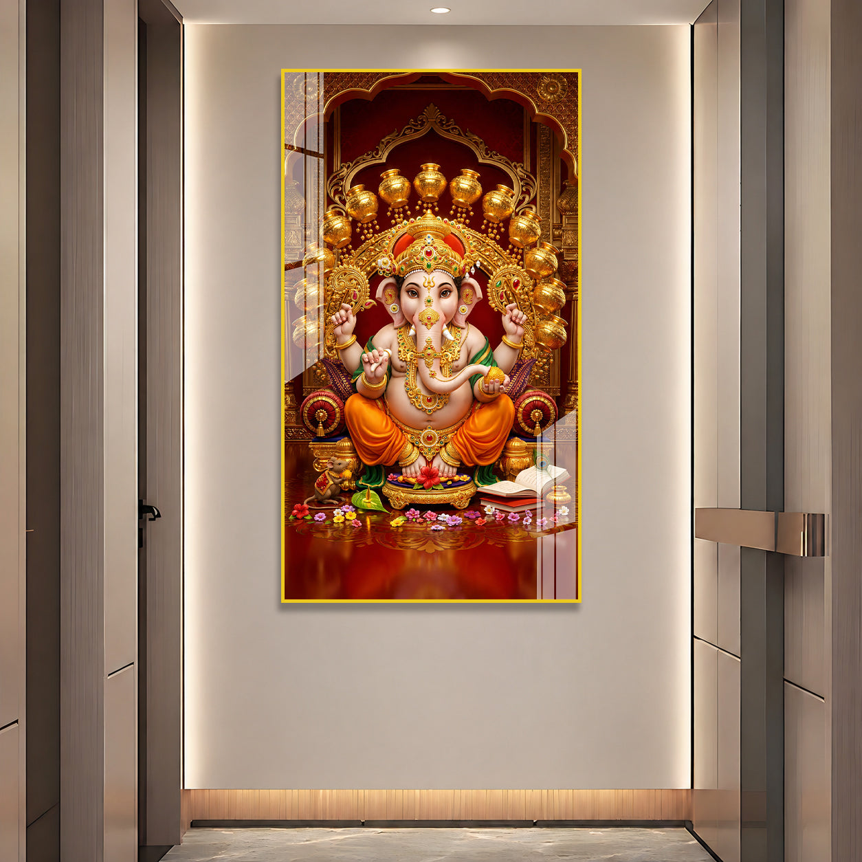 Premium Acrylic Painting of Lord Ganesha with Golden Kalash | Spiritual Wall Artwork